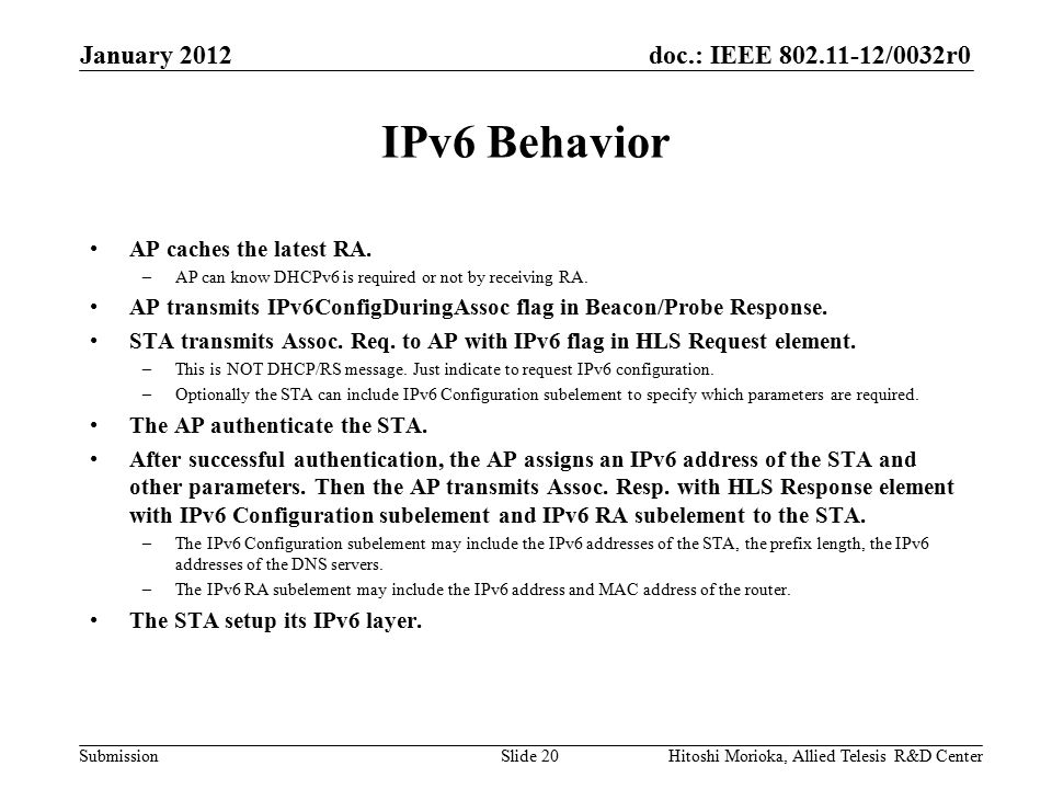 doc.: IEEE /0032r0 Submission IPv6 Behavior AP caches the latest RA.