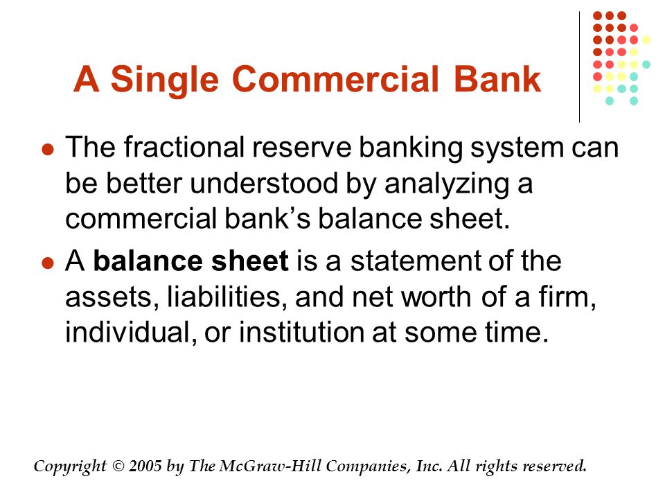 A Single Commercial Bank The fractional reserve banking system can be better understood by analyzing a commercial bank’s balance sheet.