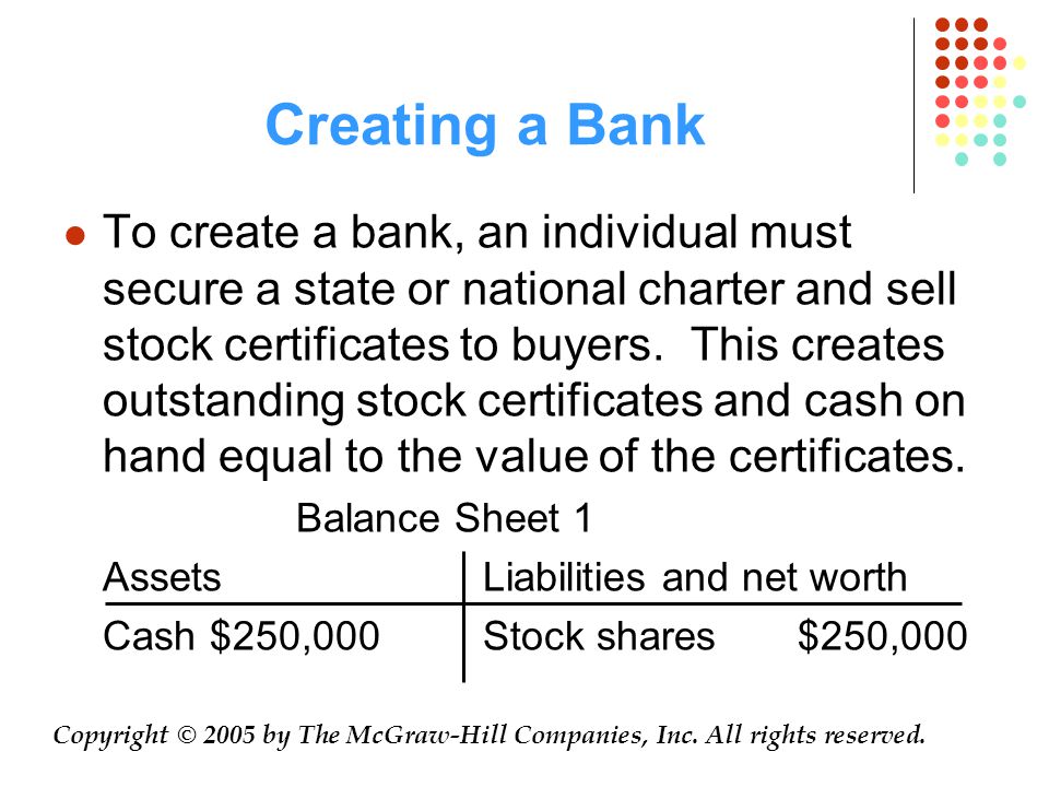 Creating a Bank To create a bank, an individual must secure a state or national charter and sell stock certificates to buyers.