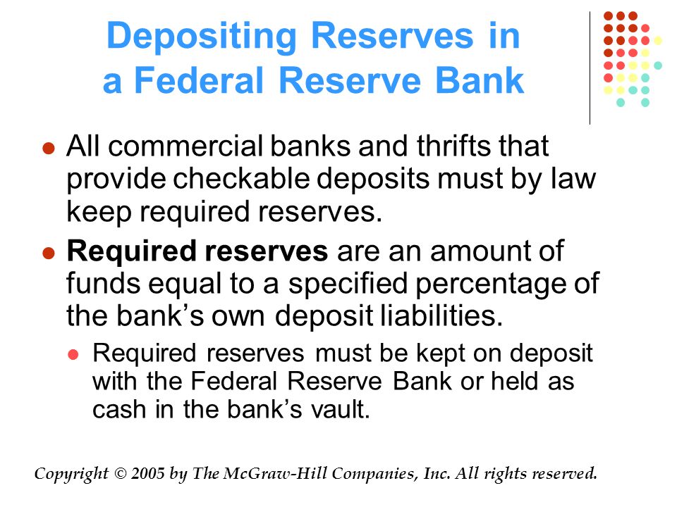 Depositing Reserves in a Federal Reserve Bank All commercial banks and thrifts that provide checkable deposits must by law keep required reserves.