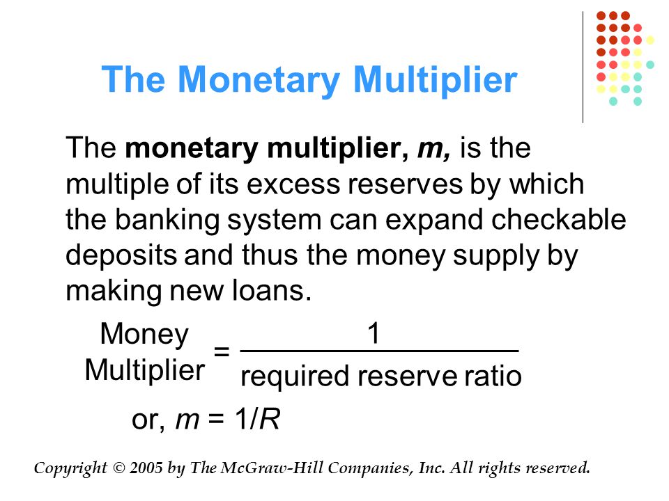 The Monetary Multiplier The monetary multiplier, m, is the multiple of its excess reserves by which the banking system can expand checkable deposits and thus the money supply by making new loans.