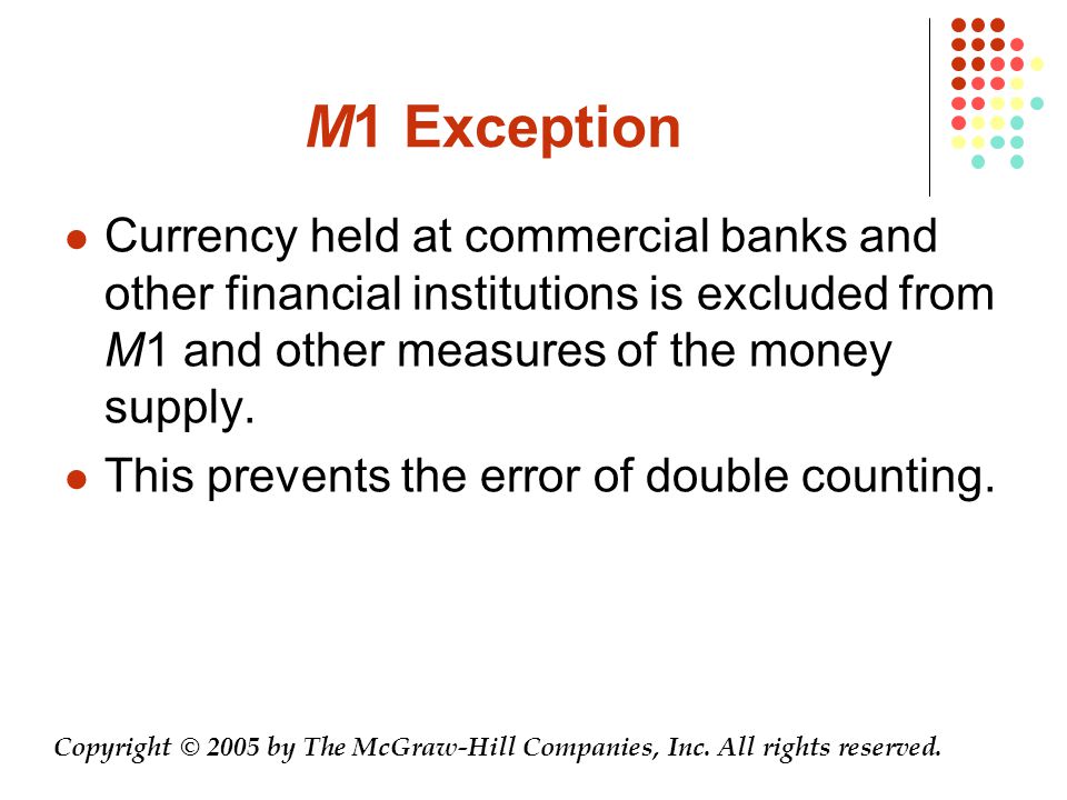 M1 Exception Currency held at commercial banks and other financial institutions is excluded from M1 and other measures of the money supply.