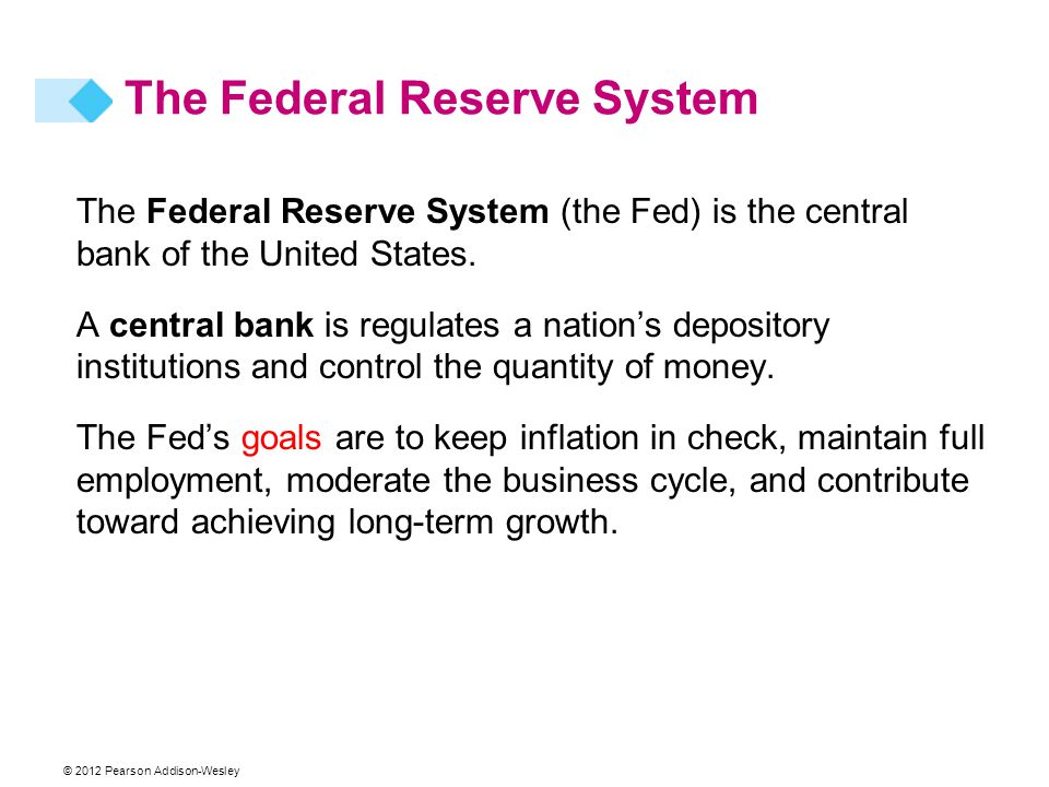 © 2012 Pearson Addison-Wesley The Federal Reserve System The Federal Reserve System (the Fed) is the central bank of the United States.