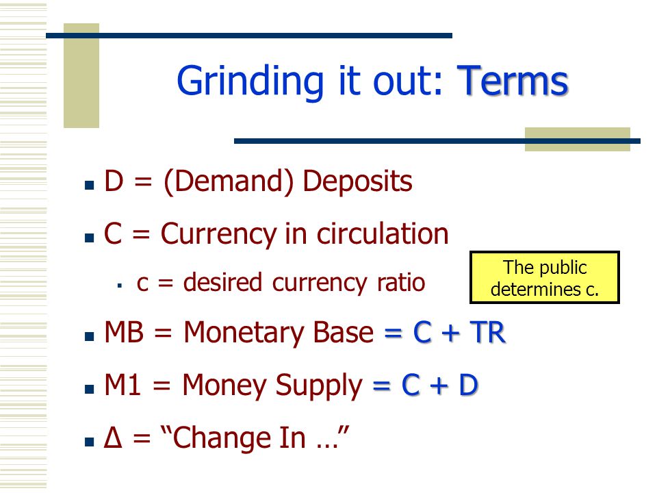 Terms Grinding it out: Terms D = (Demand) Deposits C = Currency in circulation  c = desired currency ratio = C + TR MB = Monetary Base = C + TR = C + D M1 = Money Supply = C + D Δ = Change In … The public determines c.