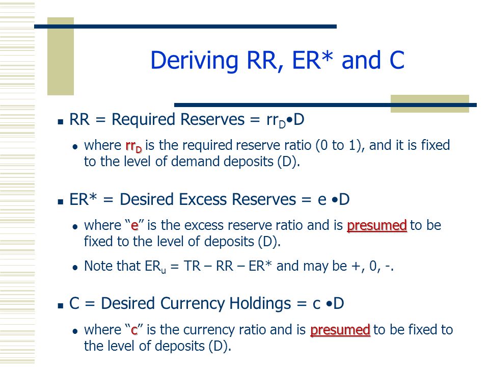 Deriving RR, ER* and C RR = Required Reserves = rr D D rr D where rr D is the required reserve ratio (0 to 1), and it is fixed to the level of demand deposits (D).