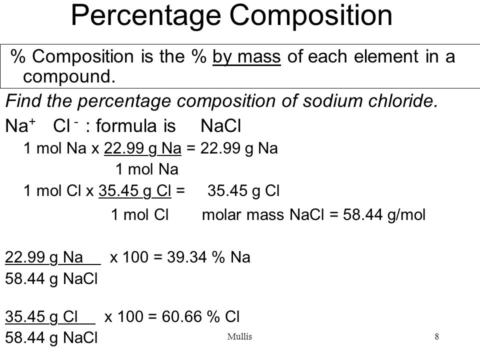 Mullis8 Percentage Composition % Composition is the % by mass of each element in a compound.