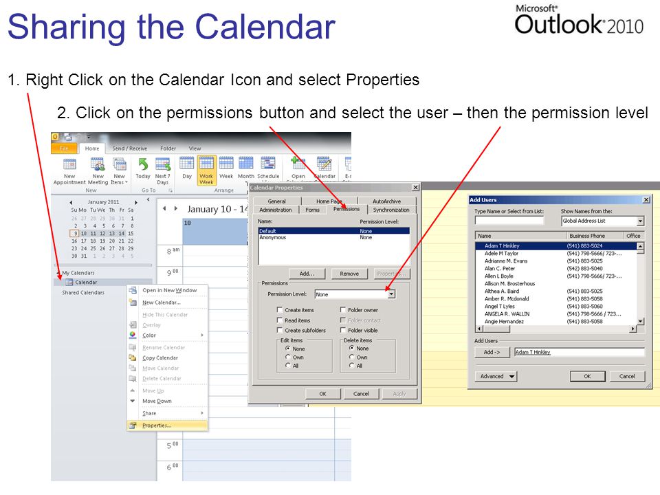 Sharing the Calendar 1. Right Click on the Calendar Icon and select Properties 2.