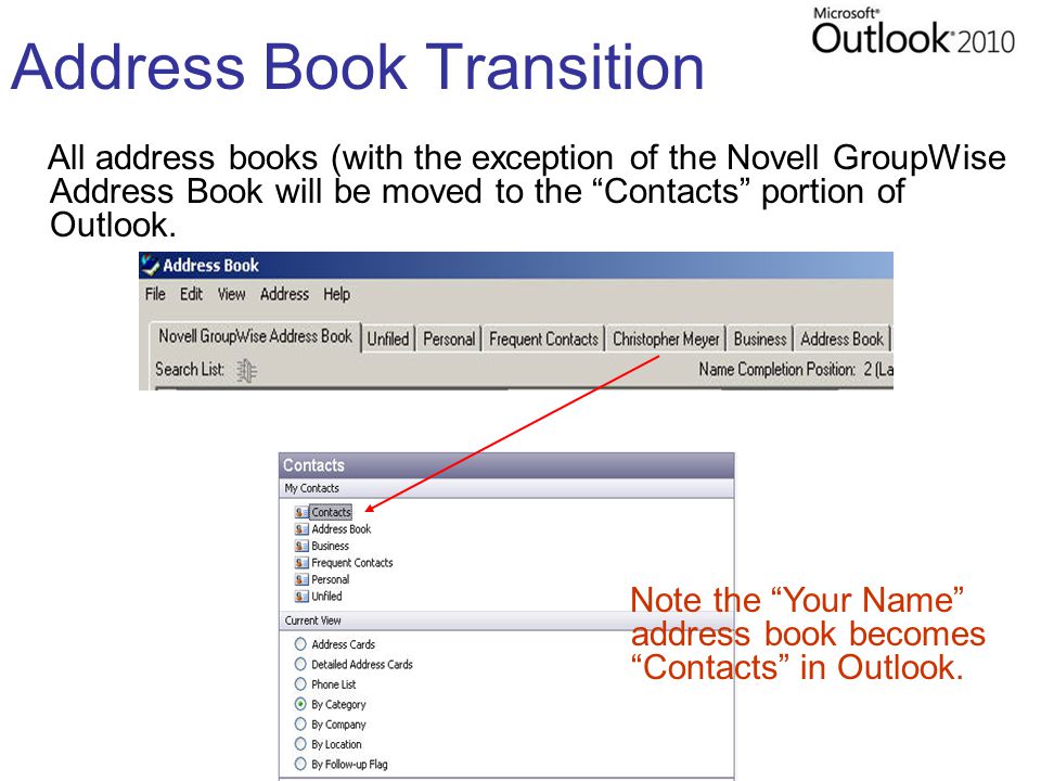 Address Book Transition All address books (with the exception of the Novell GroupWise Address Book will be moved to the Contacts portion of Outlook.