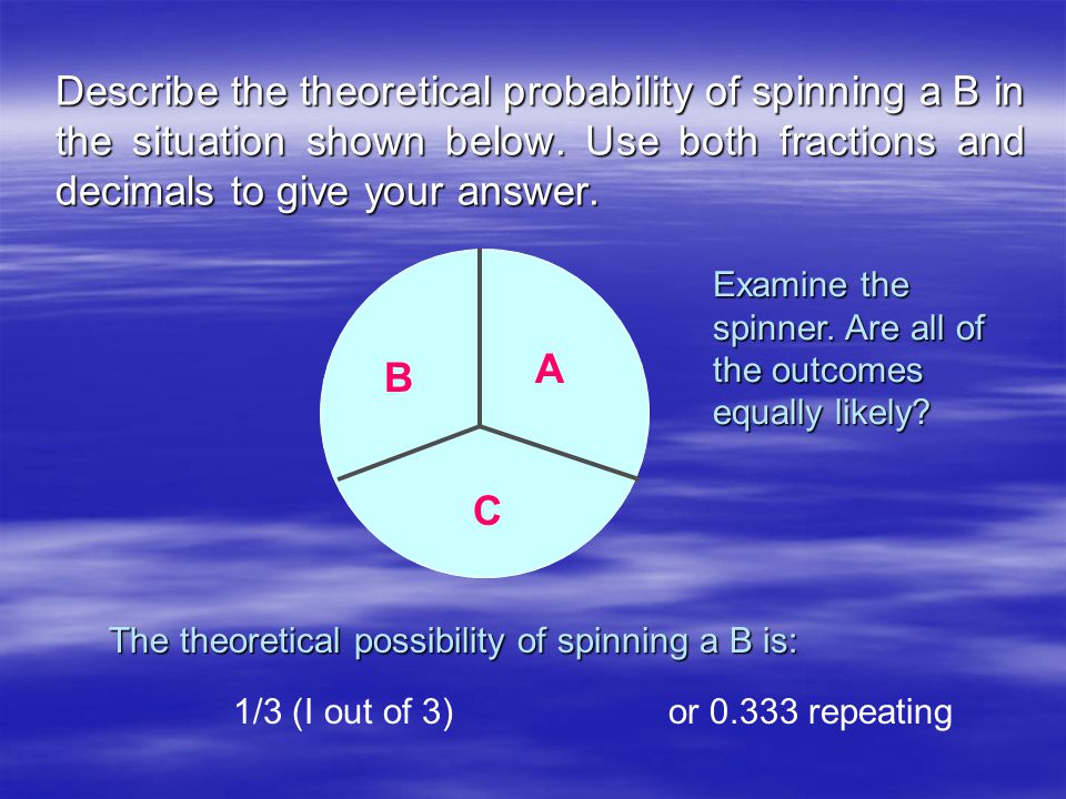 Describe the theoretical probability of spinning a B in the situation shown below.