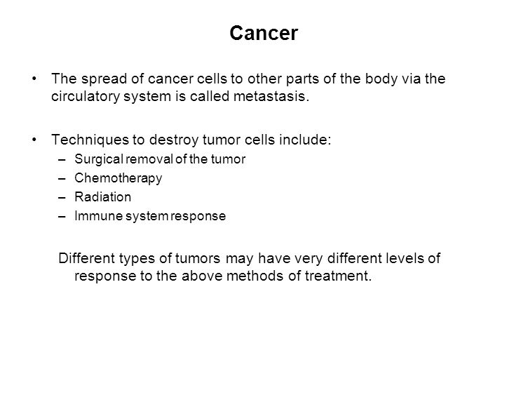 Cancer The spread of cancer cells to other parts of the body via the circulatory system is called metastasis.