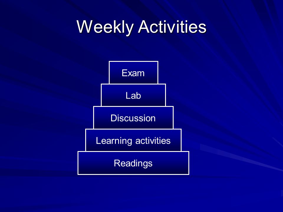 Weekly Activities Exam Lab Discussion Learning activities Readings