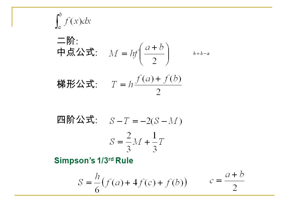 Quadrature 二阶 中点公式 梯形公式 四阶公式 Simpson S 1 3 Rd Rule Ppt Download