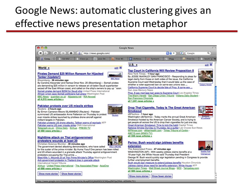 Google News: automatic clustering gives an effective news presentation metaphor