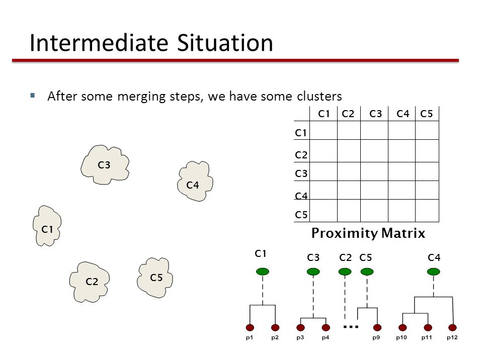 Intermediate Situation  After some merging steps, we have some clusters C1 C4 C2 C5 C3 C2C1 C3 C5 C4 C2 C3C4C5 Proximity Matrix C1 C3C2C5C4