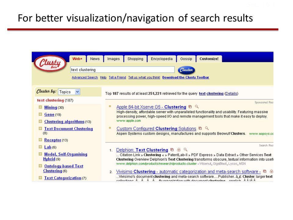 For better visualization/navigation of search results Sec. 16.1