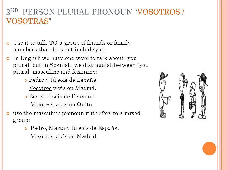 2 ND PERSON PLURAL PRONOUN VOSOTROS / VOSOTRAS Use it to talk TO a group of friends or family members that does not include you.