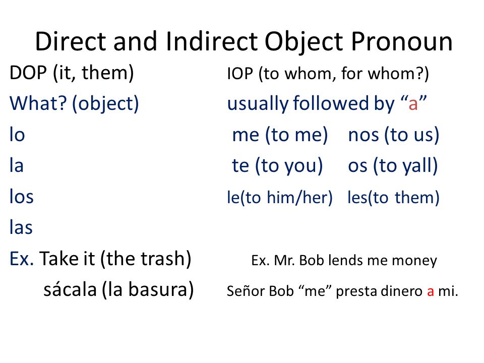 Direct and Indirect Object Pronoun DOP (it, them) IOP (to whom, for whom ) What.
