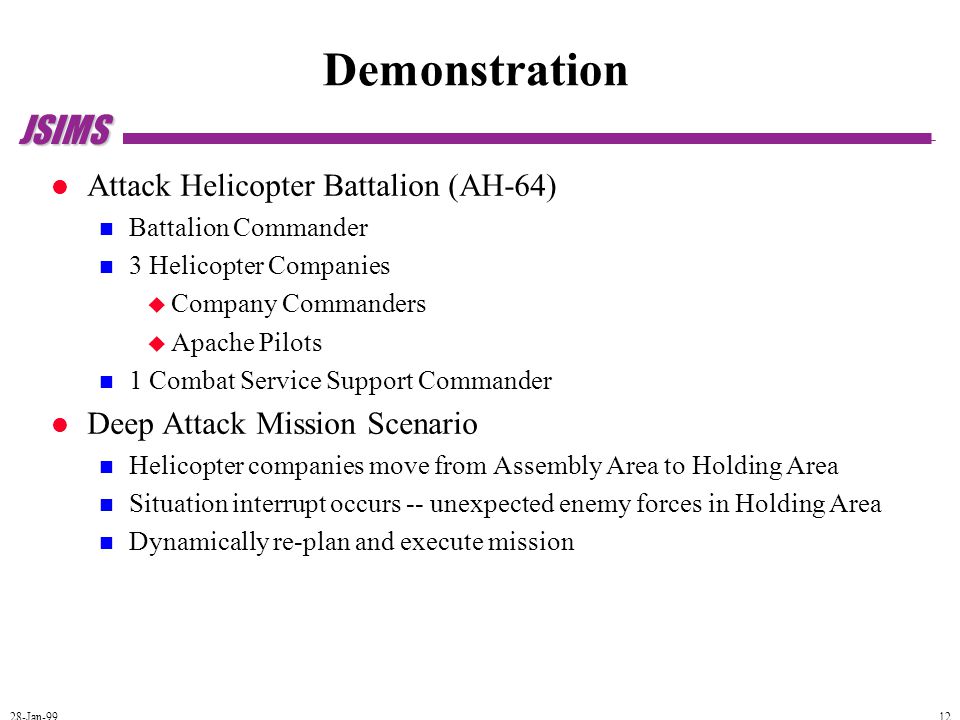 JSIMS 28-Jan Demonstration Attack Helicopter Battalion (AH-64) Battalion Commander 3 Helicopter Companies  Company Commanders  Apache Pilots 1 Combat Service Support Commander Deep Attack Mission Scenario Helicopter companies move from Assembly Area to Holding Area Situation interrupt occurs -- unexpected enemy forces in Holding Area Dynamically re-plan and execute mission