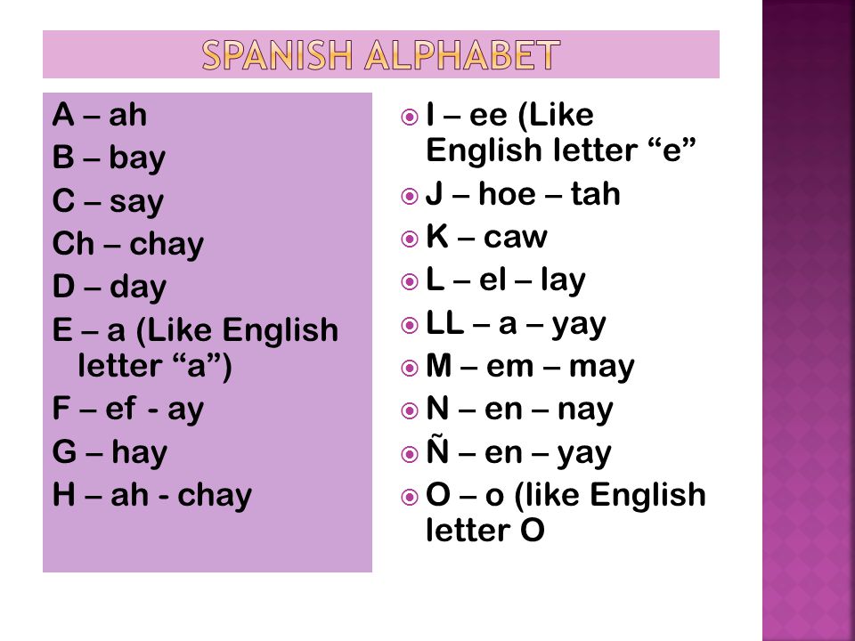 A – ah B – bay C – say Ch – chay D – day E – a (Like English letter a ) F – ef - ay G – hay H – ah - chay  I – ee (Like English letter e  J – hoe – tah  K – caw  L – el – lay  LL – a – yay  M – em – may  N – en – nay  Ñ – en – yay  O – o (like English letter O