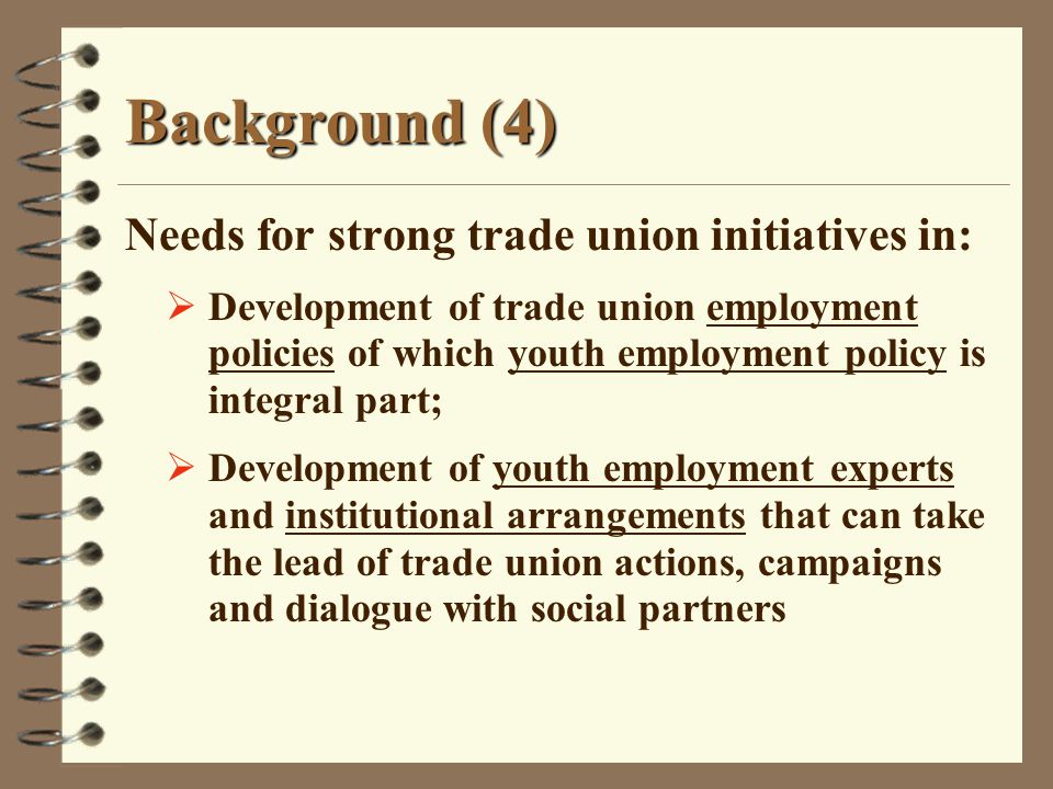 Background (4) Needs for strong trade union initiatives in:  Development of trade union employment policies of which youth employment policy is integral part;  Development of youth employment experts and institutional arrangements that can take the lead of trade union actions, campaigns and dialogue with social partners