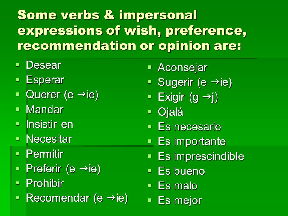 What you need  Independent clause with a subject and a verb in the indicative (or an expression) that expresses wish, preference, recommendation, opinion (and others that we will learn later).