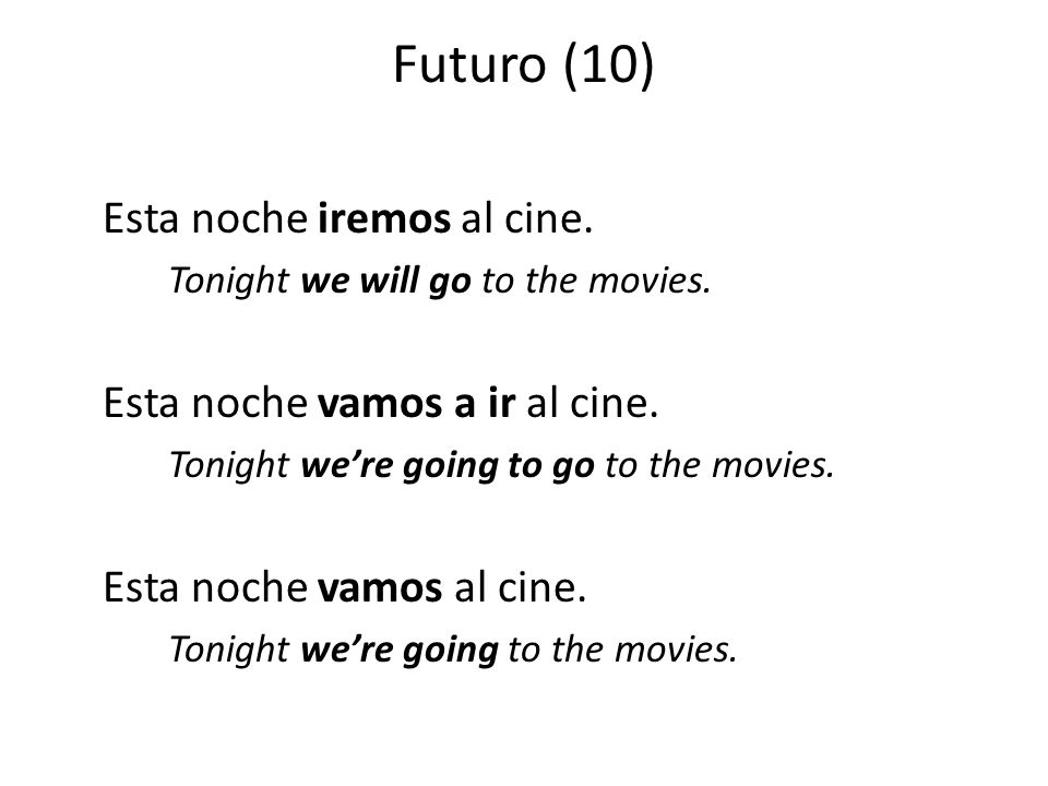 Futuro (10) Esta noche iremos al cine. Tonight we will go to the movies.