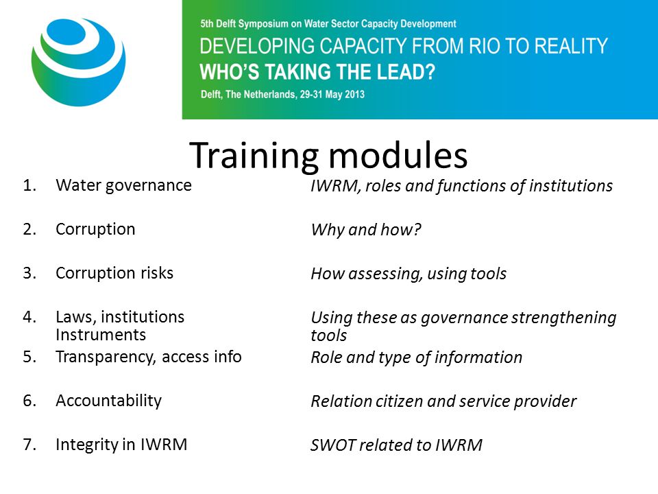 Training modules 1.Water governance 2.Corruption 3.Corruption risks 4.Laws, institutions Instruments 5.Transparency, access info 6.Accountability 7.Integrity in IWRM IWRM, roles and functions of institutions Why and how.
