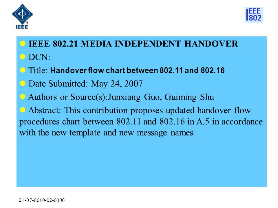 IEEE MEDIA INDEPENDENT HANDOVER DCN: Title: Handover flow chart between and Date Submitted: May 24, 2007 Authors or Source(s):Junxiang Guo, Guiming Shu Abstract: This contribution proposes updated handover flow procedures chart between and in A.5 in accordance with the new template and new message names.