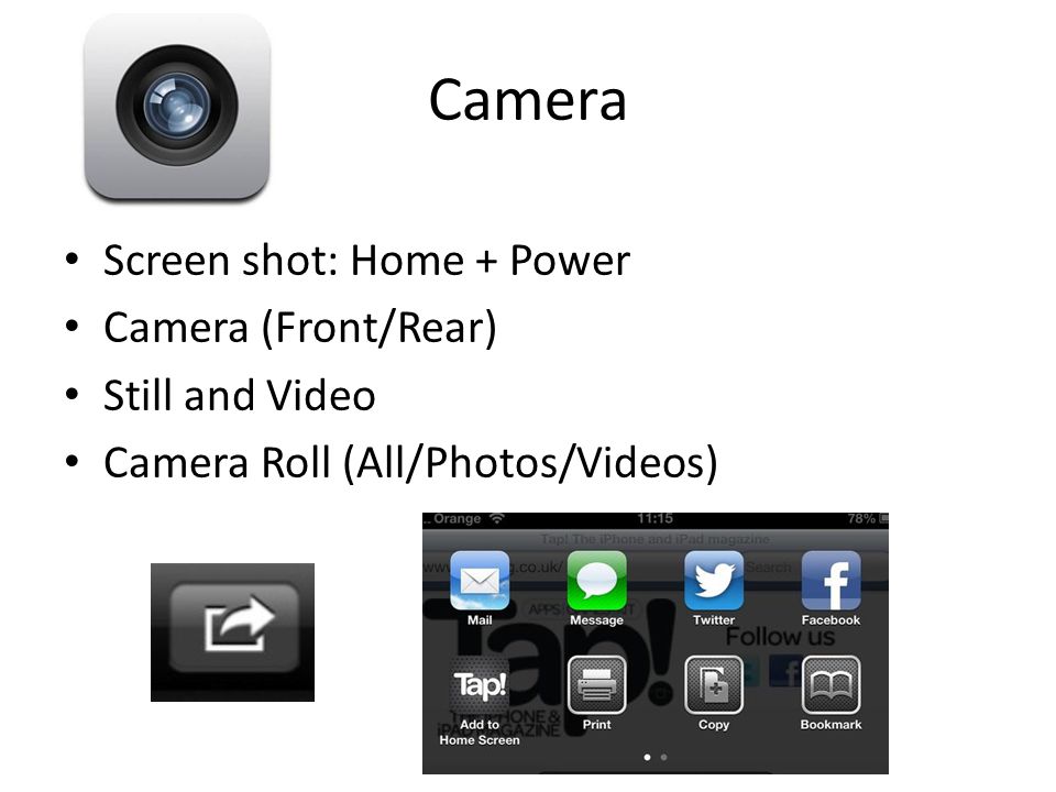 Camera Screen shot: Home + Power Camera (Front/Rear) Still and Video Camera Roll (All/Photos/Videos)