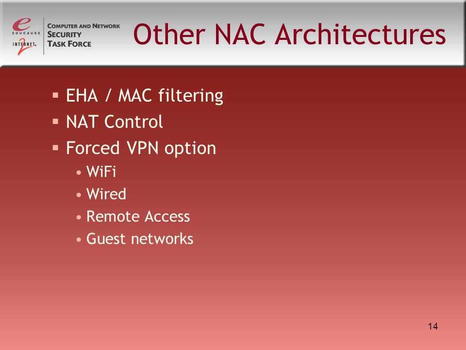 14 Other NAC Architectures  EHA / MAC filtering  NAT Control  Forced VPN option WiFi Wired Remote Access Guest networks