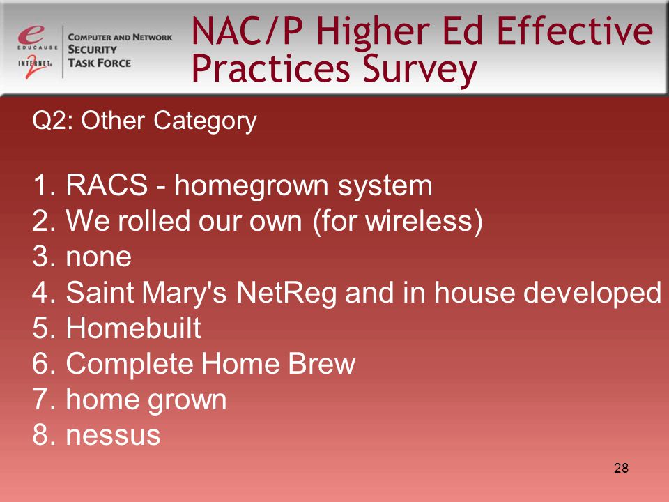 28 NAC/P Higher Ed Effective Practices Survey Q2: Other Category 1.