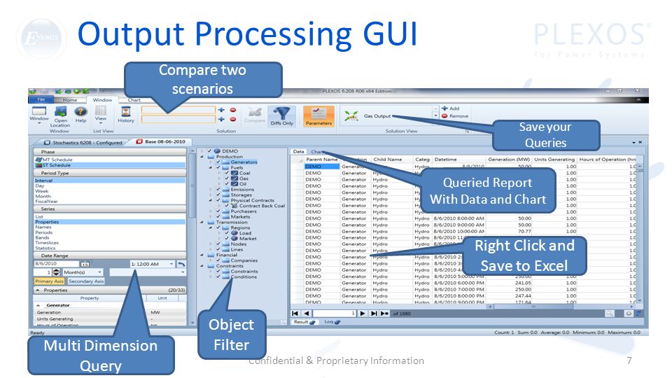 Output Processing GUI Confidential & Proprietary Information7 Multi Dimension Query Object Filter Queried Report With Data and Chart Compare two scenarios Save your Queries Right Click and Save to Excel
