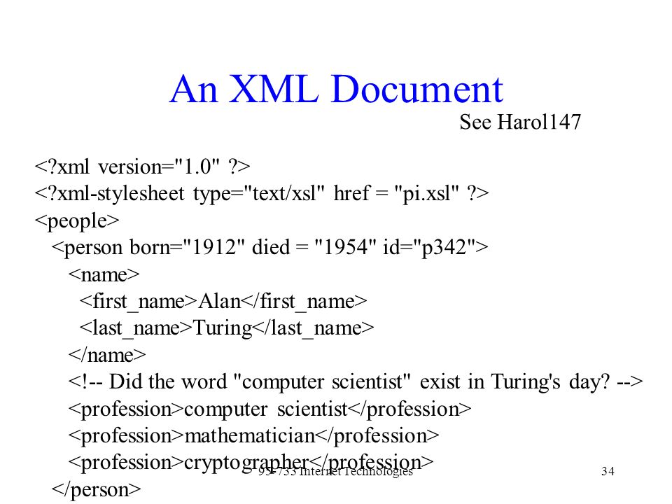 Internet Technologies34 An XML Document Alan Turing computer scientist mathematician cryptographer See Harol147