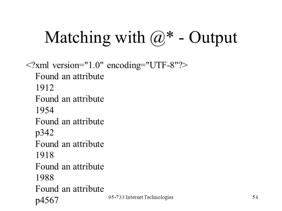 Internet Technologies54 Matching - Output Found an attribute 1912 Found an attribute 1954 Found an attribute p342 Found an attribute 1918 Found an attribute 1988 Found an attribute p4567