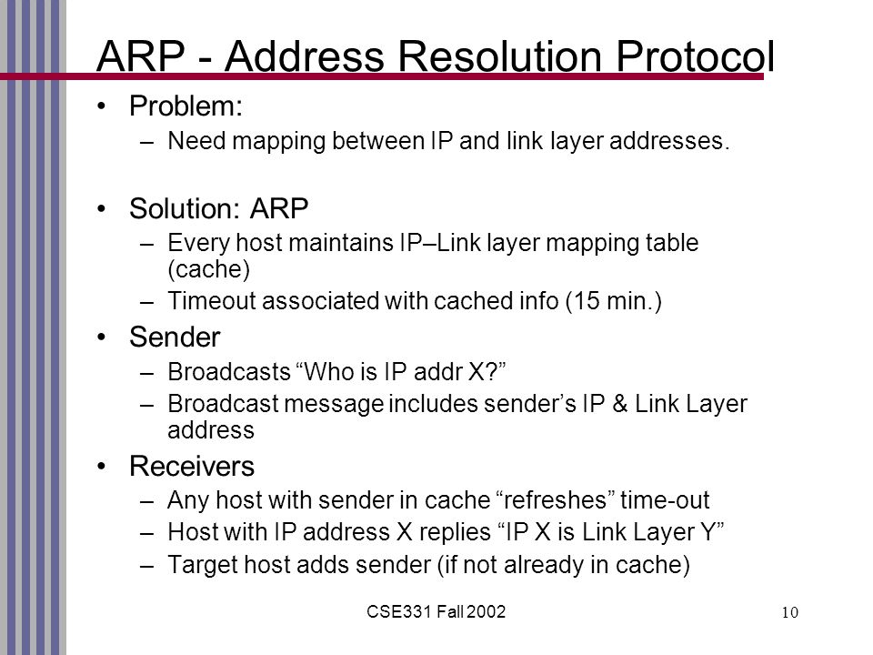 CSE331 Fall ARP - Address Resolution Protocol Problem: –Need mapping between IP and link layer addresses.