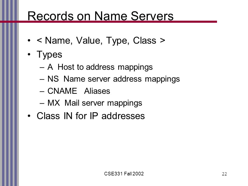 CSE331 Fall Records on Name Servers Types –A Host to address mappings –NS Name server address mappings –CNAME Aliases –MX Mail server mappings Class IN for IP addresses