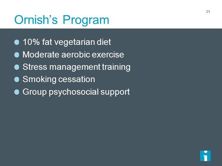 Ornish’s Program 31 10% fat vegetarian diet Moderate aerobic exercise Stress management training Smoking cessation Group psychosocial support