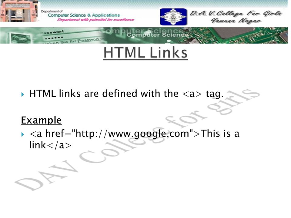  HTML links are defined with the tag. Example  This is a link