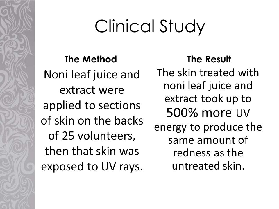 Clinical Study The Method Noni leaf juice and extract were applied to sections of skin on the backs of 25 volunteers, then that skin was exposed to UV rays.