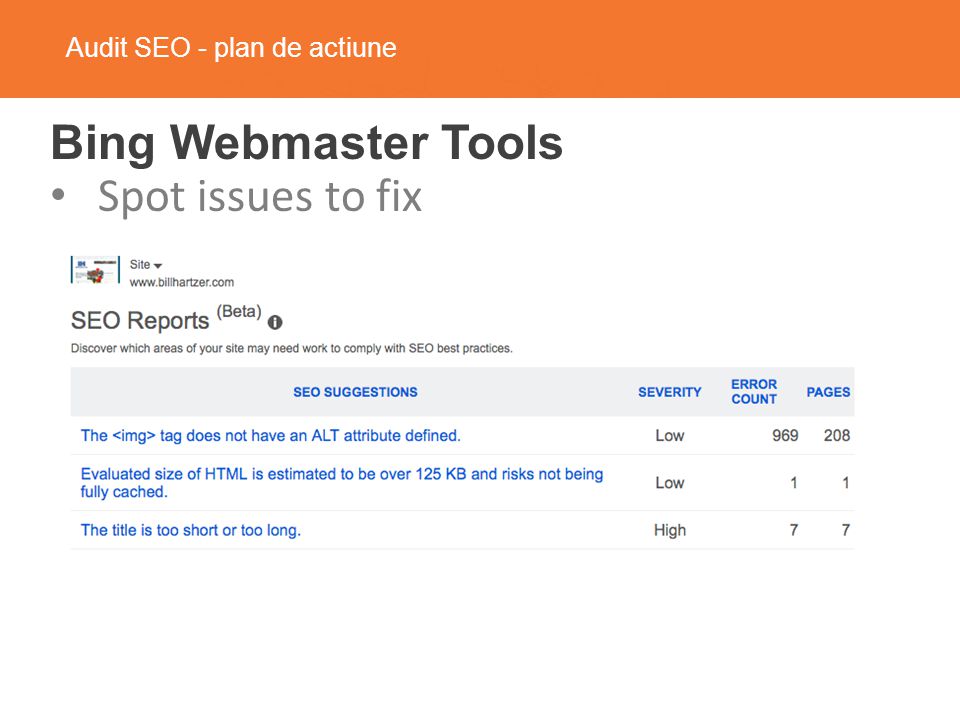 Audit SEO - plan de actiune Bing Webmaster Tools Spot issues to fix