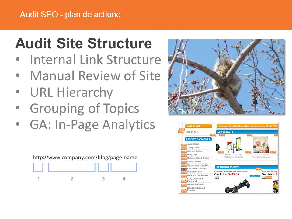 Audit SEO - plan de actiune Audit Site Structure Internal Link Structure Manual Review of Site URL Hierarchy Grouping of Topics GA: In-Page Analytics