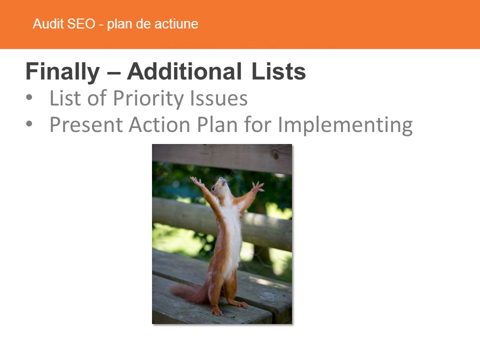 Audit SEO - plan de actiune Finally – Additional Lists List of Priority Issues Present Action Plan for Implementing