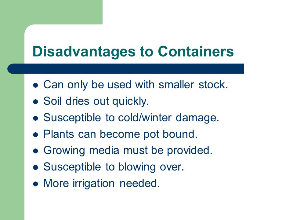 Disadvantages to Containers Can only be used with smaller stock.