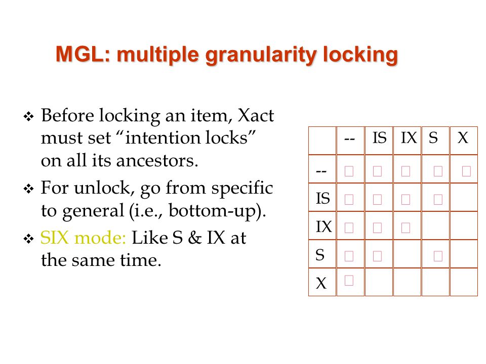 MGL: multiple granularity locking v Before locking an item, Xact must set intention locks on all its ancestors.
