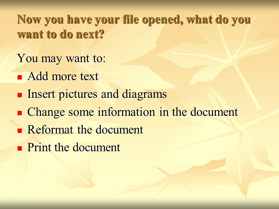 Now you have your file opened, what do you want to do next.