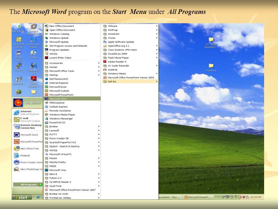 The Microsoft Word program on the Start Menu under All Programs