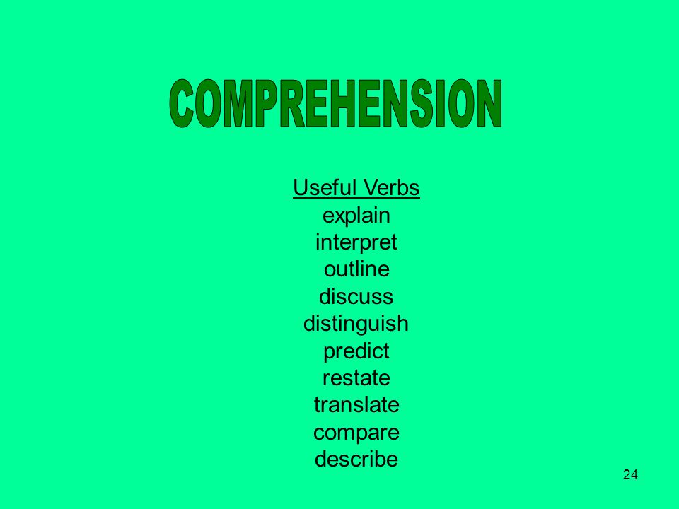 24 Useful Verbs explain interpret outline discuss distinguish predict restate translate compare describe