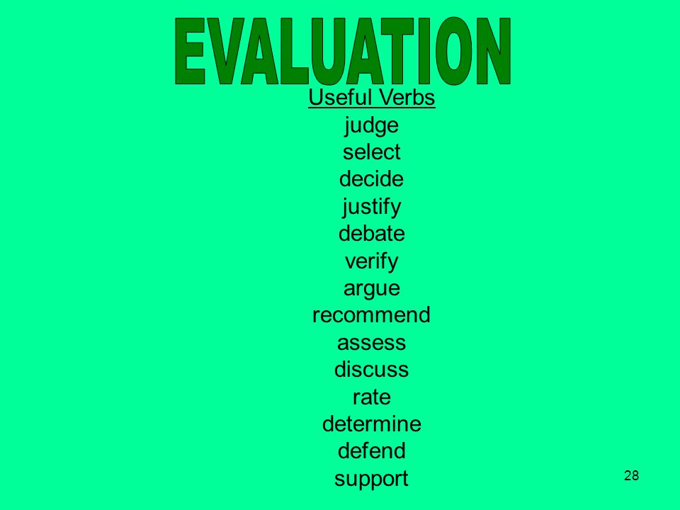 28 Useful Verbs judge select decide justify debate verify argue recommend assess discuss rate determine defend support
