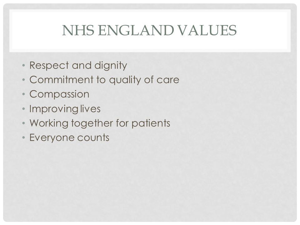 NHS ENGLAND VALUES Respect and dignity Commitment to quality of care Compassion Improving lives Working together for patients Everyone counts
