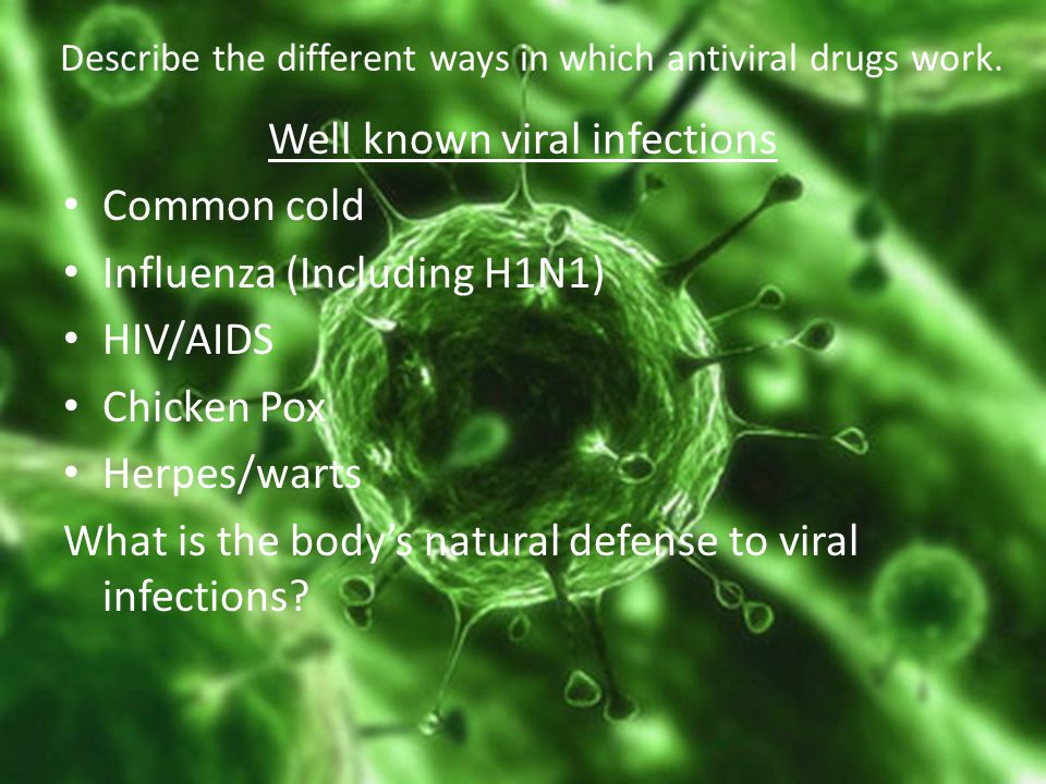 Well known viral infections Common cold Influenza (Including H1N1) HIV/AIDS Chicken Pox Herpes/warts What is the body’s natural defense to viral infections